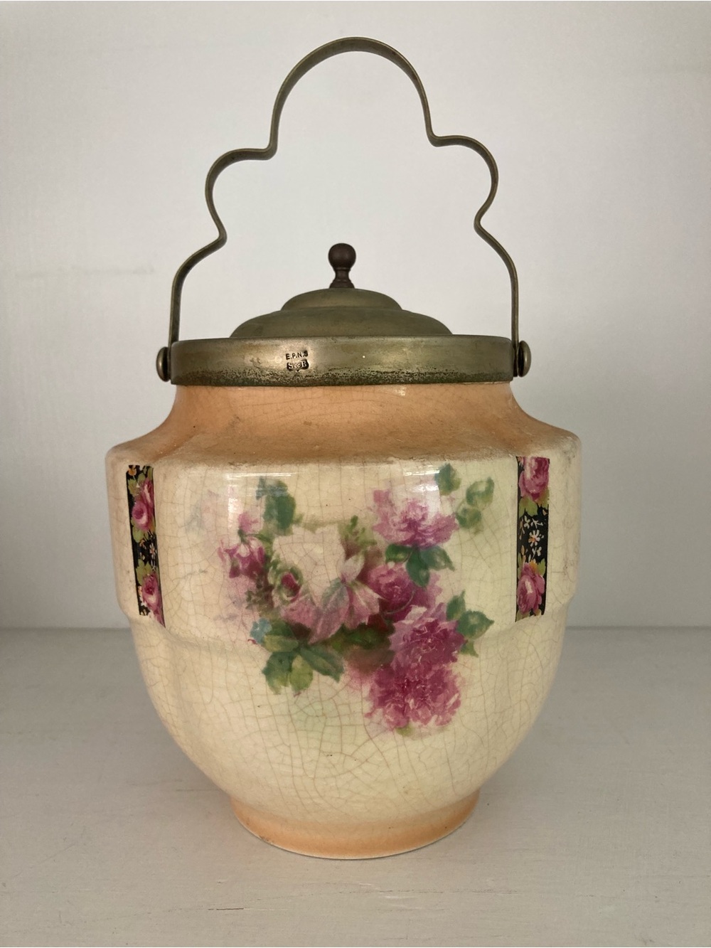 EPNS | Antique Floral Ceramic Biscuit Jar with Metal Lid - Pink Floral